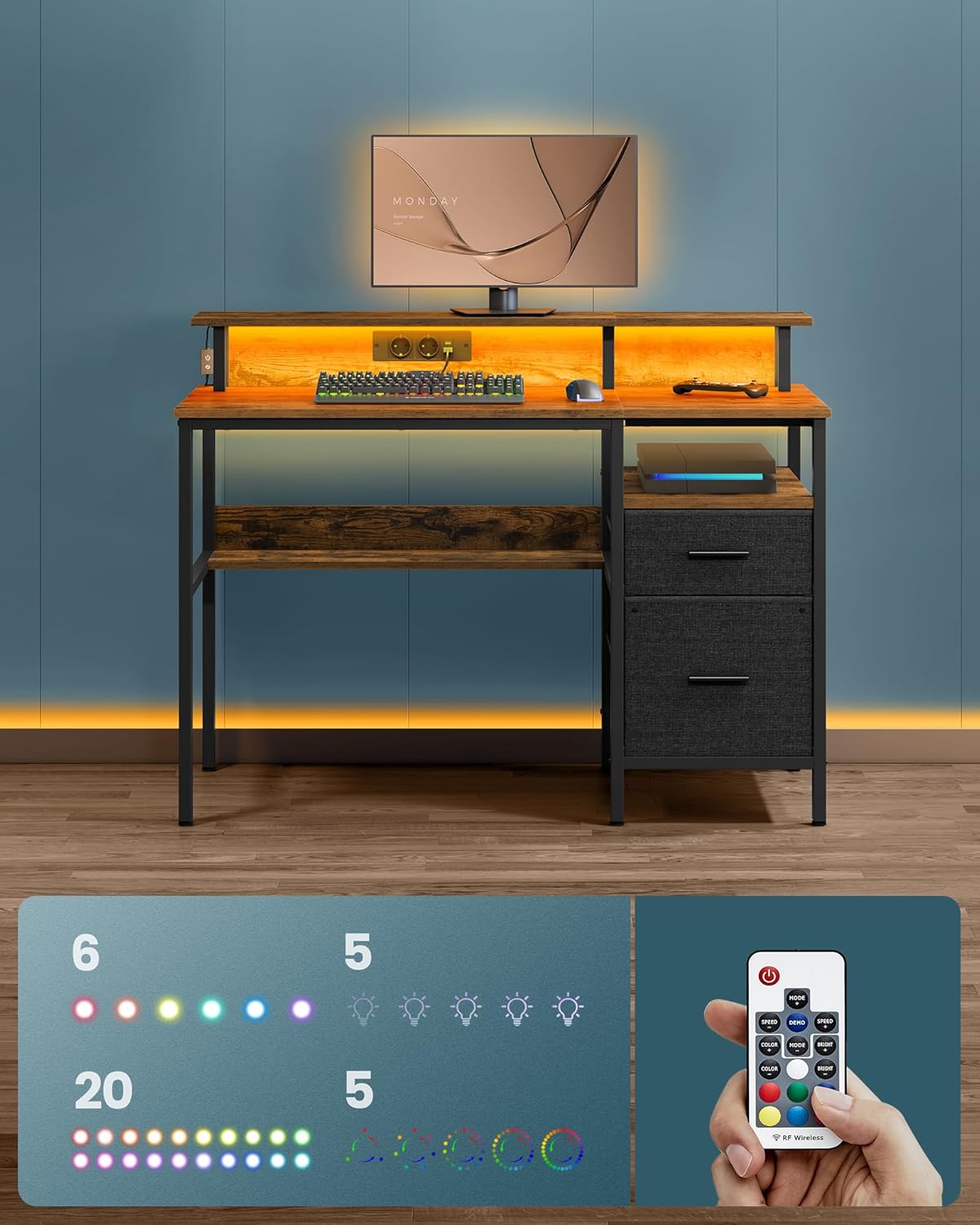 Bureau - gaming bureau 120x55 cm - met laden - monitor standaard - LED Verlichting en ingebouwde stopcontacten - 2 USB Poorten - bruin - LWD093K01 - Afbeelding 2