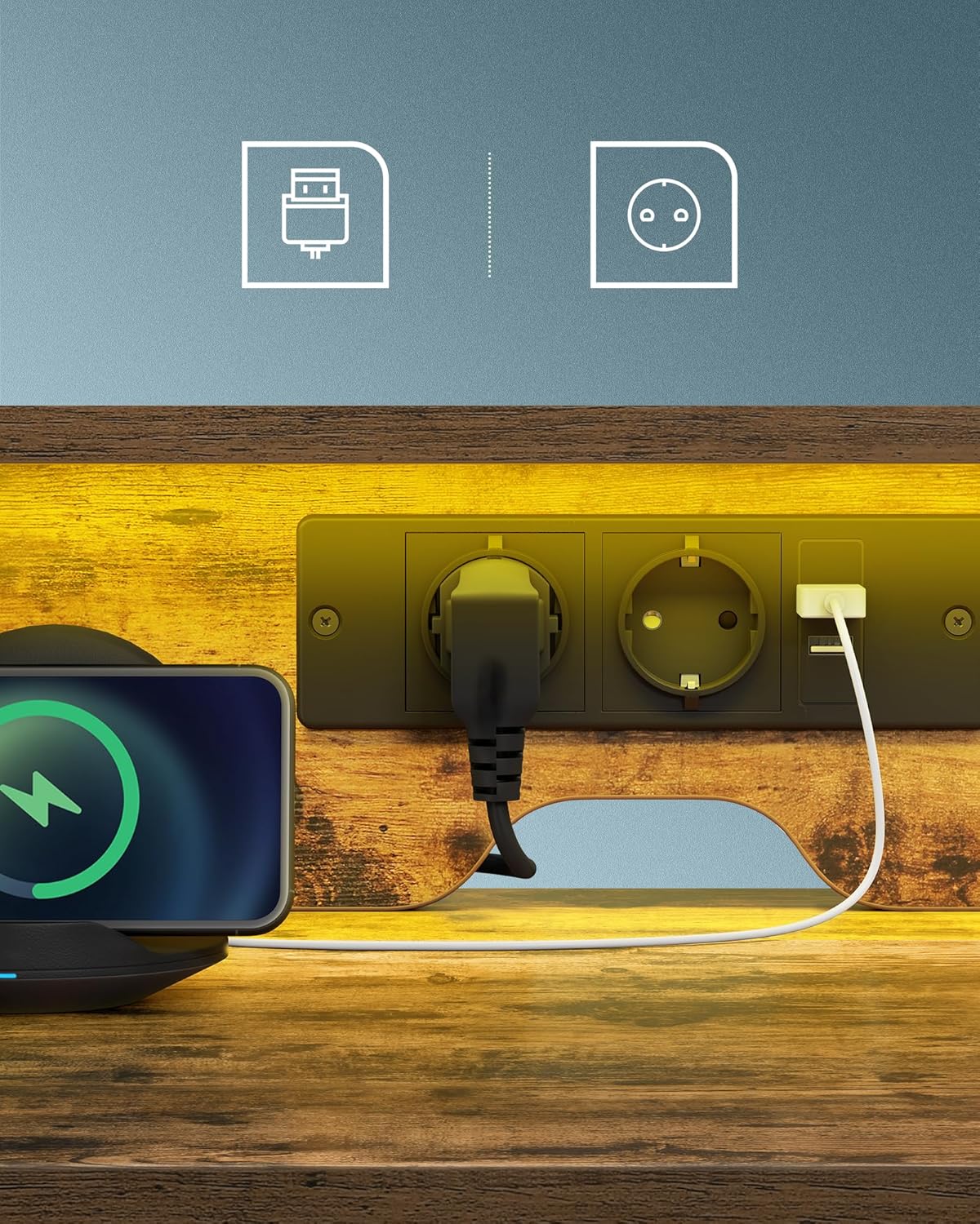 Bureau - gaming bureau 120x55 cm - met laden - monitor standaard - LED Verlichting en ingebouwde stopcontacten - 2 USB Poorten - bruin - LWD093K01 - Afbeelding 4