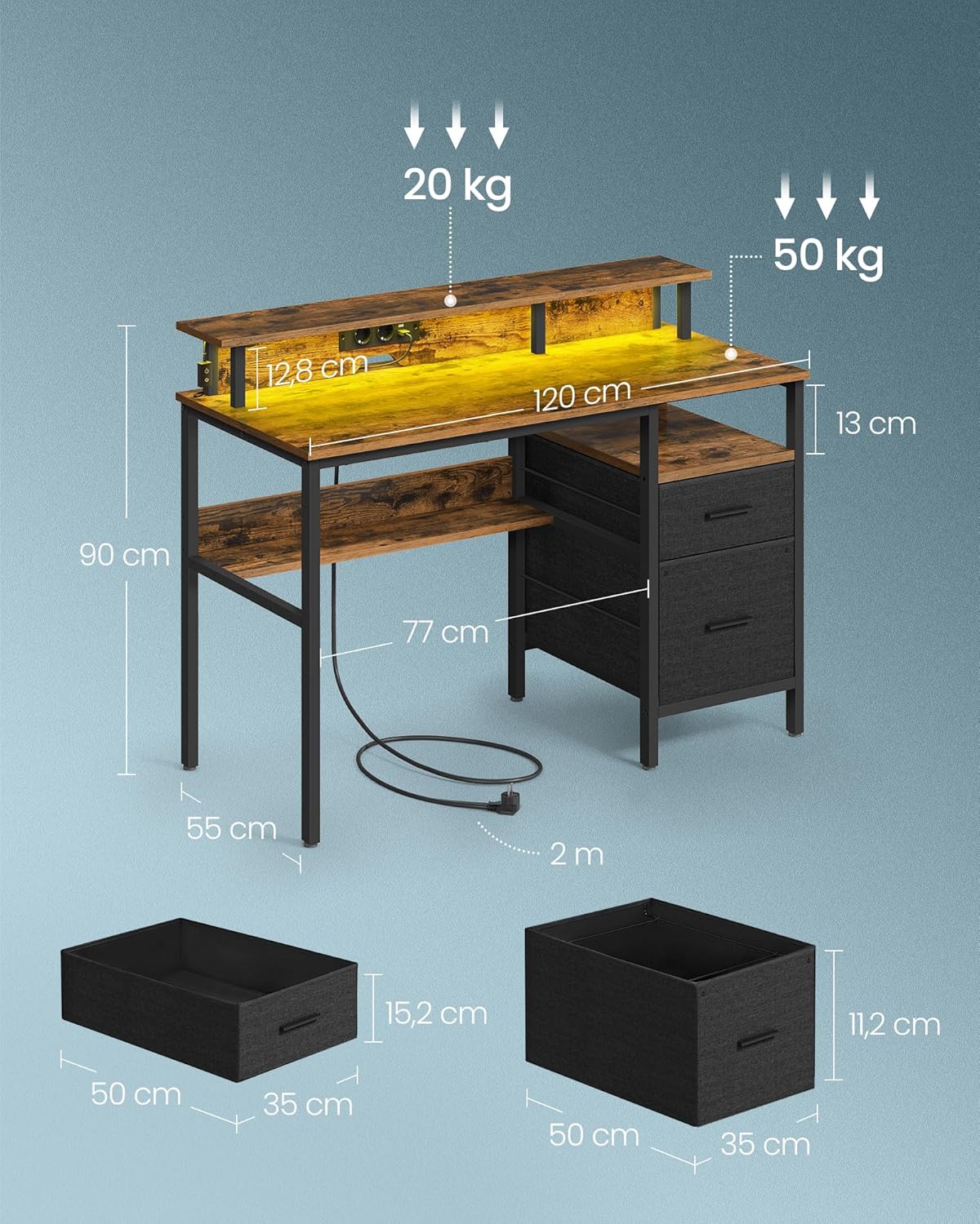 Bureau - gaming bureau 120x55 cm - met laden - monitor standaard - LED Verlichting en ingebouwde stopcontacten - 2 USB Poorten - bruin - LWD093K01 - Afbeelding 5