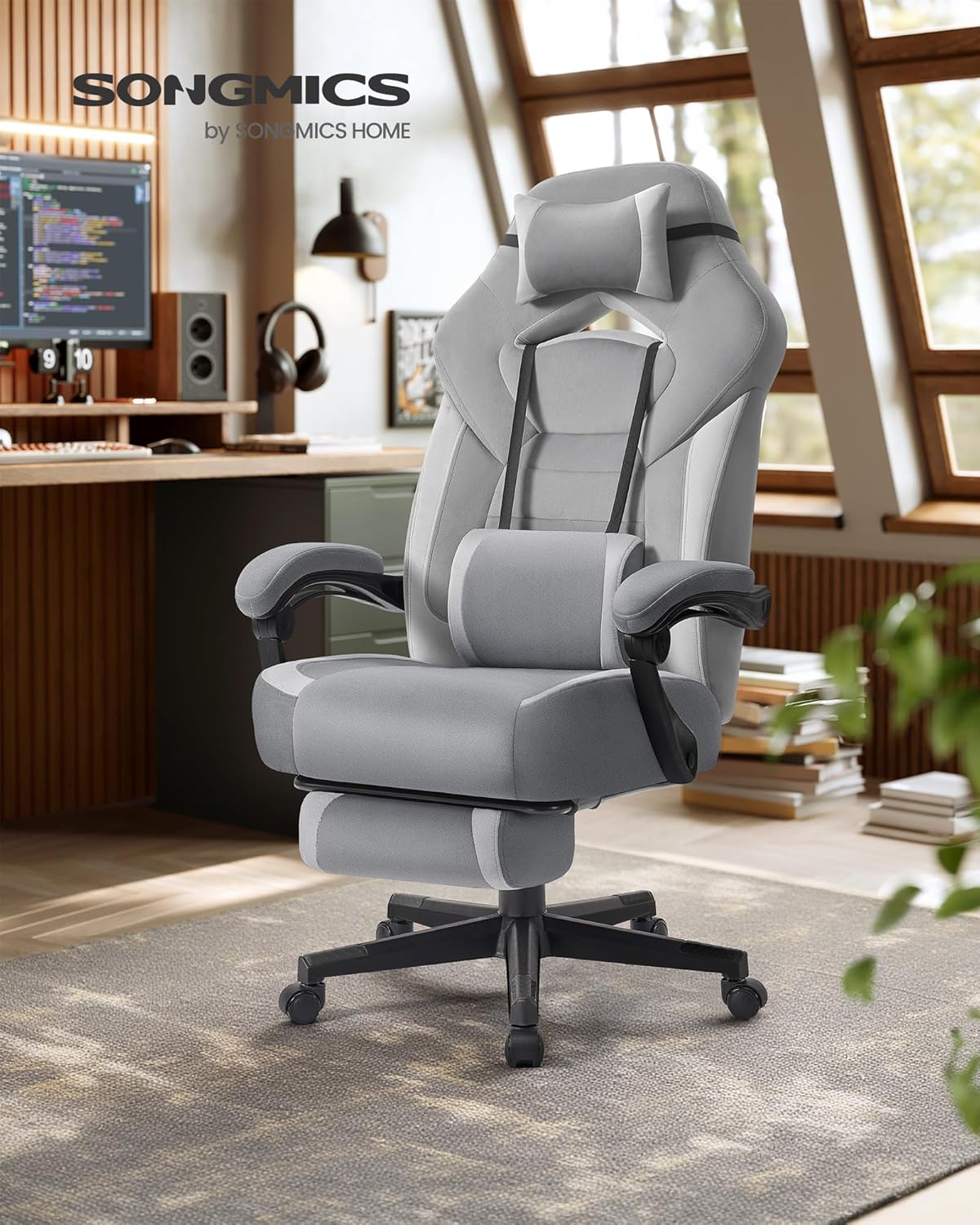 Bureaustoel - racestoel - gamestoel / gamingstoel - met voetensteun - voor volwassenen - grijs / zwart- OBG077G02 - Afbeelding 2