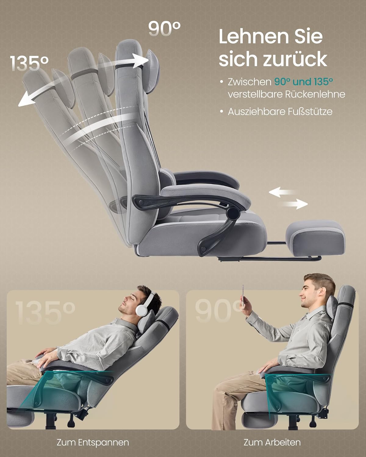 Bureaustoel - racestoel - gamestoel / gamingstoel - met voetensteun - voor volwassenen - grijs / zwart- OBG077G02 - Afbeelding 6