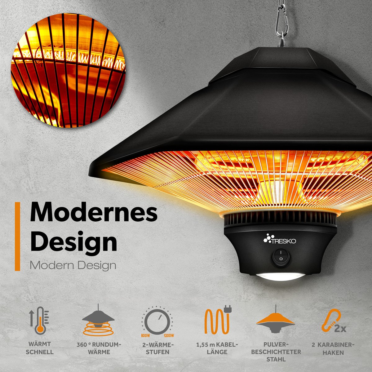 Plafondverwarmer- infrarood verwarming - heater - instelbaar - max 800/1200 watt - zwart- met afstandsbediening - Afbeelding 7