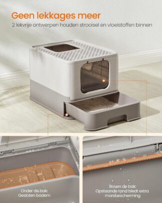Kattenbak - kattentoilet met deksel - 50x40x34 cm - uittrekbare lade - katten tot 15 kg - met accessoires - beige-zwart - PPT001G01