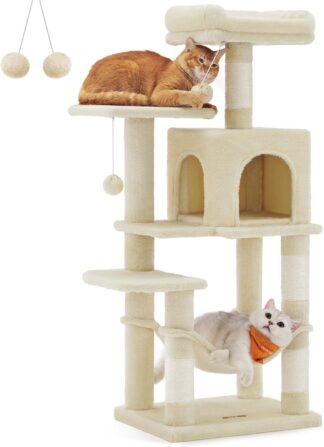 Krabpaal - kattenboom - 112 cm - krabpaal met 4 krapplekken - ligplekken en verschillende niveaus - beige - PCT261M01
