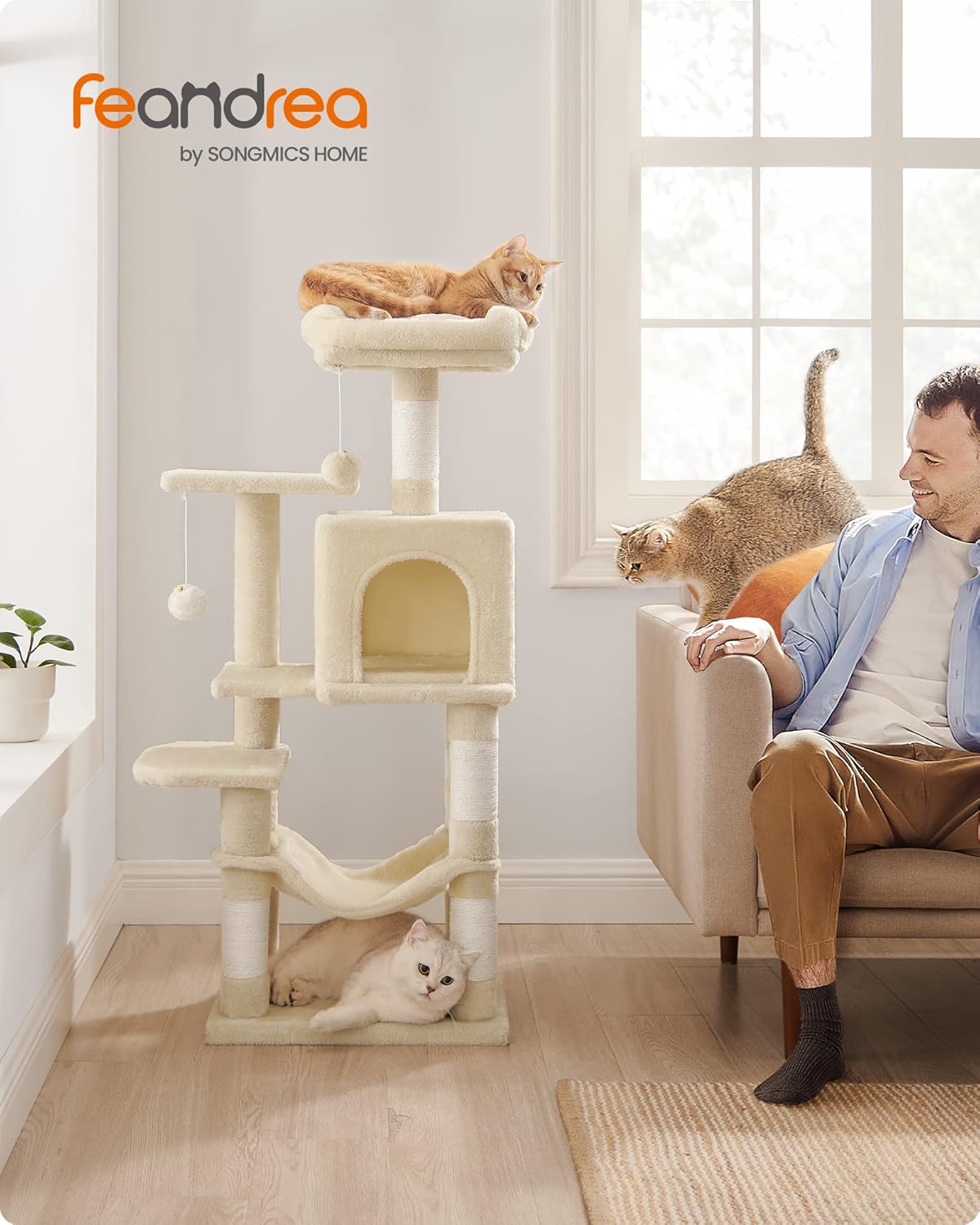 Krabpaal - kattenboom - 112 cm - krabpaal met 4 krapplekken - ligplekken en verschillende niveaus - beige - PCT261M01 - Afbeelding 2