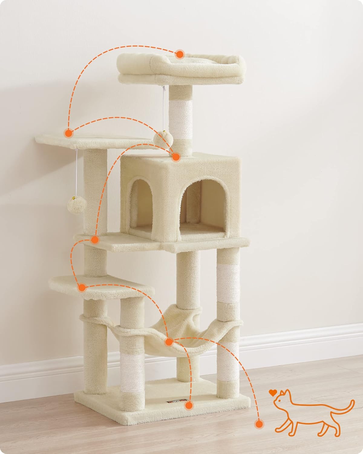 Krabpaal - kattenboom - 112 cm - krabpaal met 4 krapplekken - ligplekken en verschillende niveaus - beige - PCT261M01 - Afbeelding 3