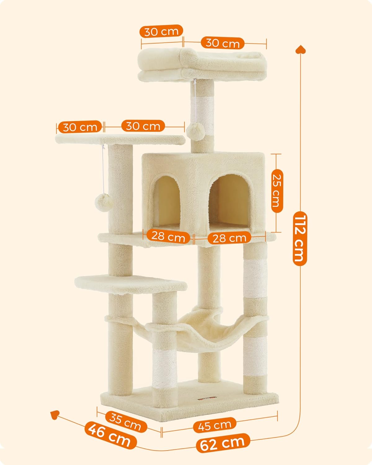 Krabpaal - kattenboom - 112 cm - krabpaal met 4 krapplekken - ligplekken en verschillende niveaus - beige - PCT261M01 - Afbeelding 6