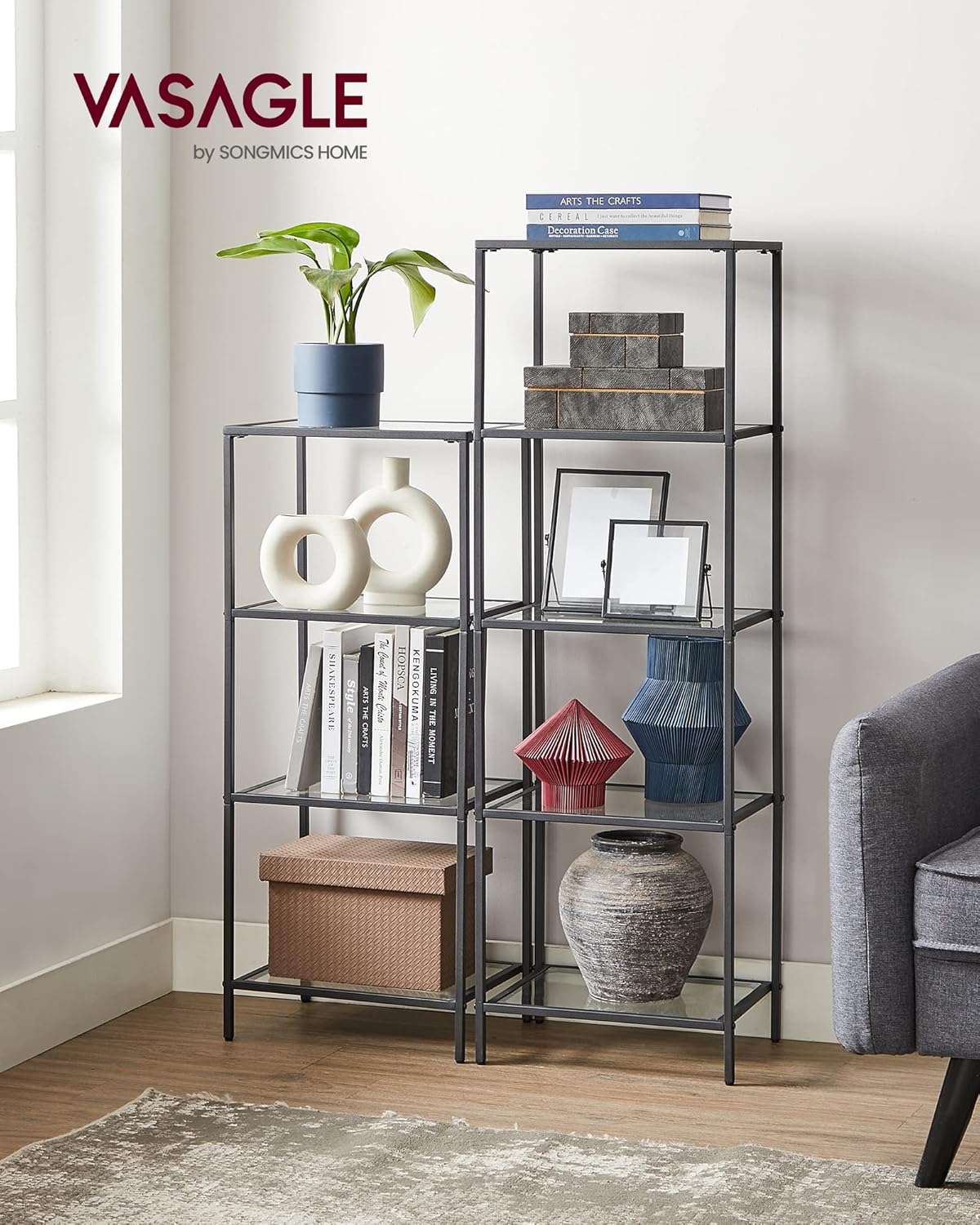 Staande kast - boekenkast badkamerkast - kamerkast - hoogte 125 cm - 5 niveaus - glas met metaal - zwart - LGT029B61 - Afbeelding 6