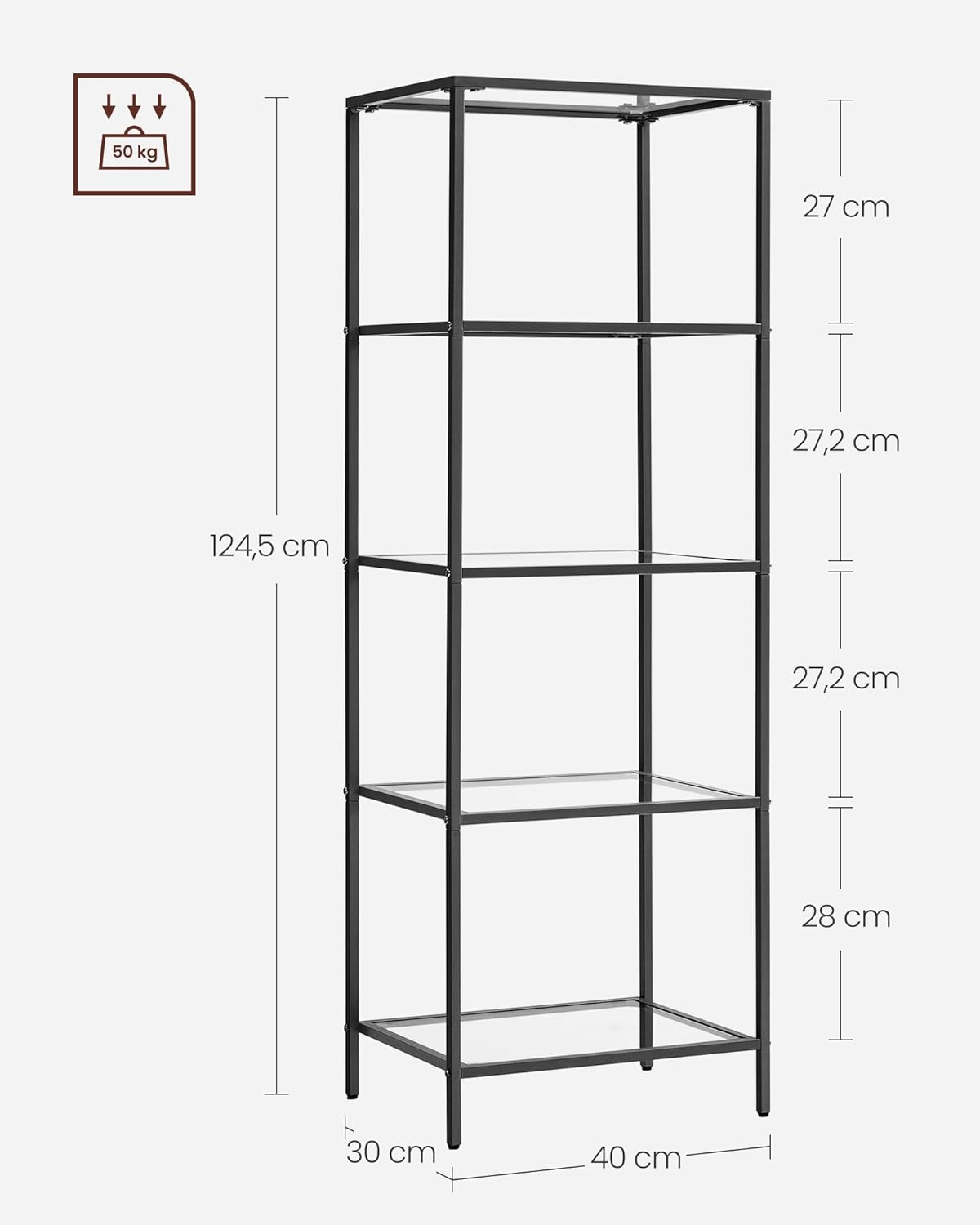 Staande kast - boekenkast badkamerkast - kamerkast - hoogte 125 cm - 5 niveaus - glas met metaal - zwart - LGT029B61 - Afbeelding 5