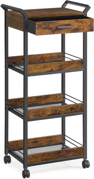 Keukentrolley - Keukenrek op wielen - serveerwagen met 4 lagen - hout met metalen frame - hoogte 96 cm - bruin met zwart - LRC049K01