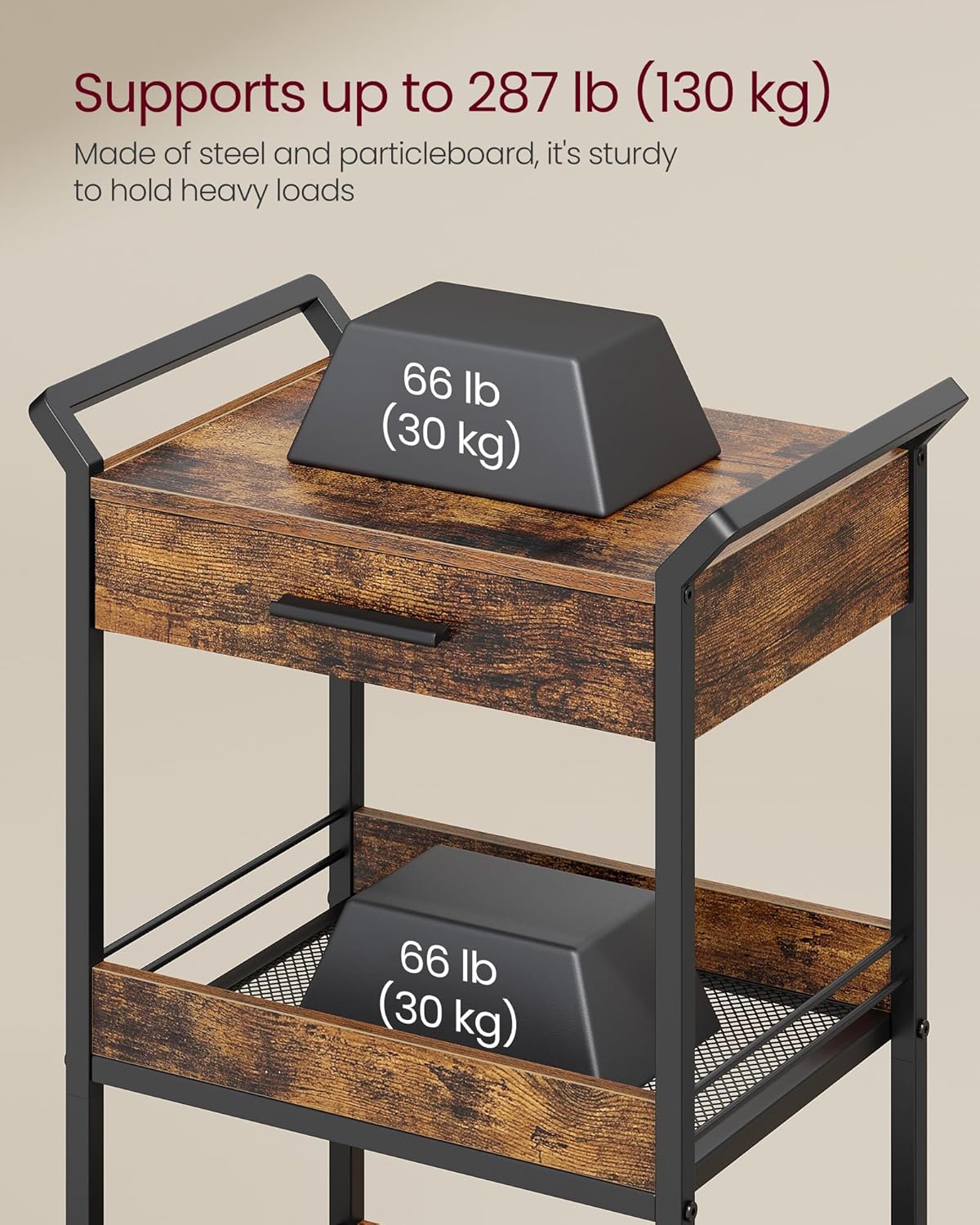 Keukentrolley - Keukenrek op wielen - serveerwagen met 4 lagen - hout met metalen frame - hoogte 96 cm - bruin met zwart - LRC049K01 - Afbeelding 3