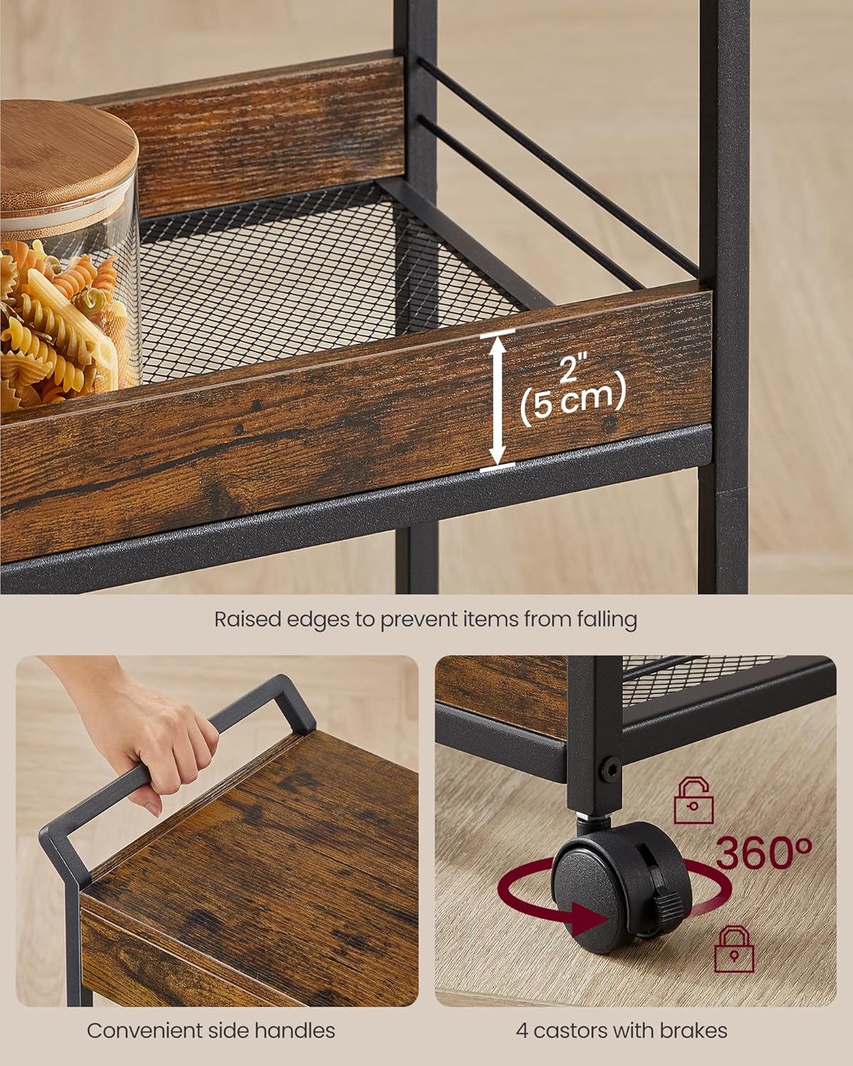 Keukentrolley - Keukenrek op wielen - serveerwagen met 4 lagen - hout met metalen frame - hoogte 96 cm - bruin met zwart - LRC049K01 - Afbeelding 6