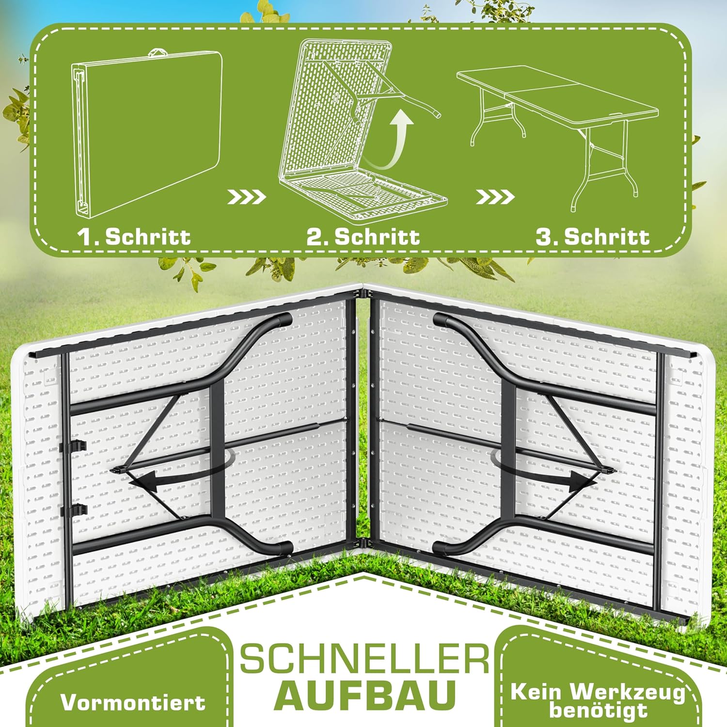 Tuintafel - wit - 180x75 cm - inklapbaar - kunststof met metaal - Afbeelding 4