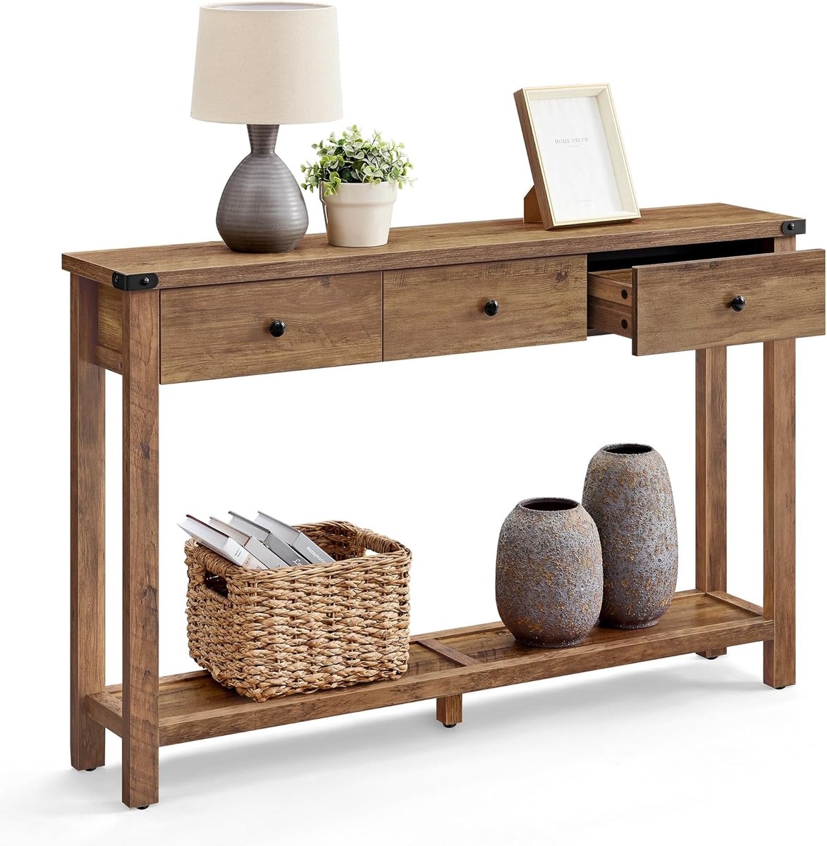 Consoletafel - dressoir - haltafel - ssmlle banktafel - bruin - 3 laden en één plank - landelijke stijl - LNT142KB01