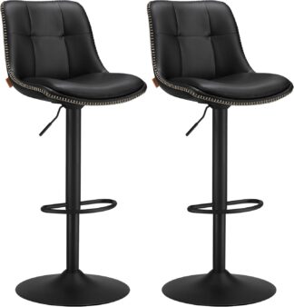 2x barkruk -metaal met PU leer - zwart - draaibaar en verstelbaar in hoogte - met rugleuning - set van 2 stuks - LJB095B01