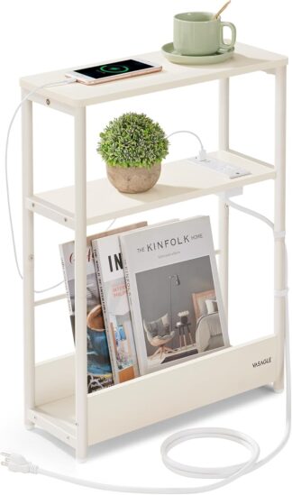 VASAGLE - slanke bijzettafel met oplaadfunctie - stopcontact en USB - 3 planken - tijdschriftenhouder - creme / wit - LET335WD05