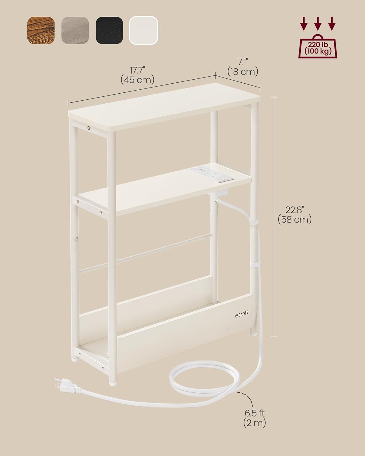 VASAGLE - slanke bijzettafel met oplaadfunctie - stopcontact en USB - 3 planken - tijdschriftenhouder - creme / wit - LET335WD05 - Afbeelding 2