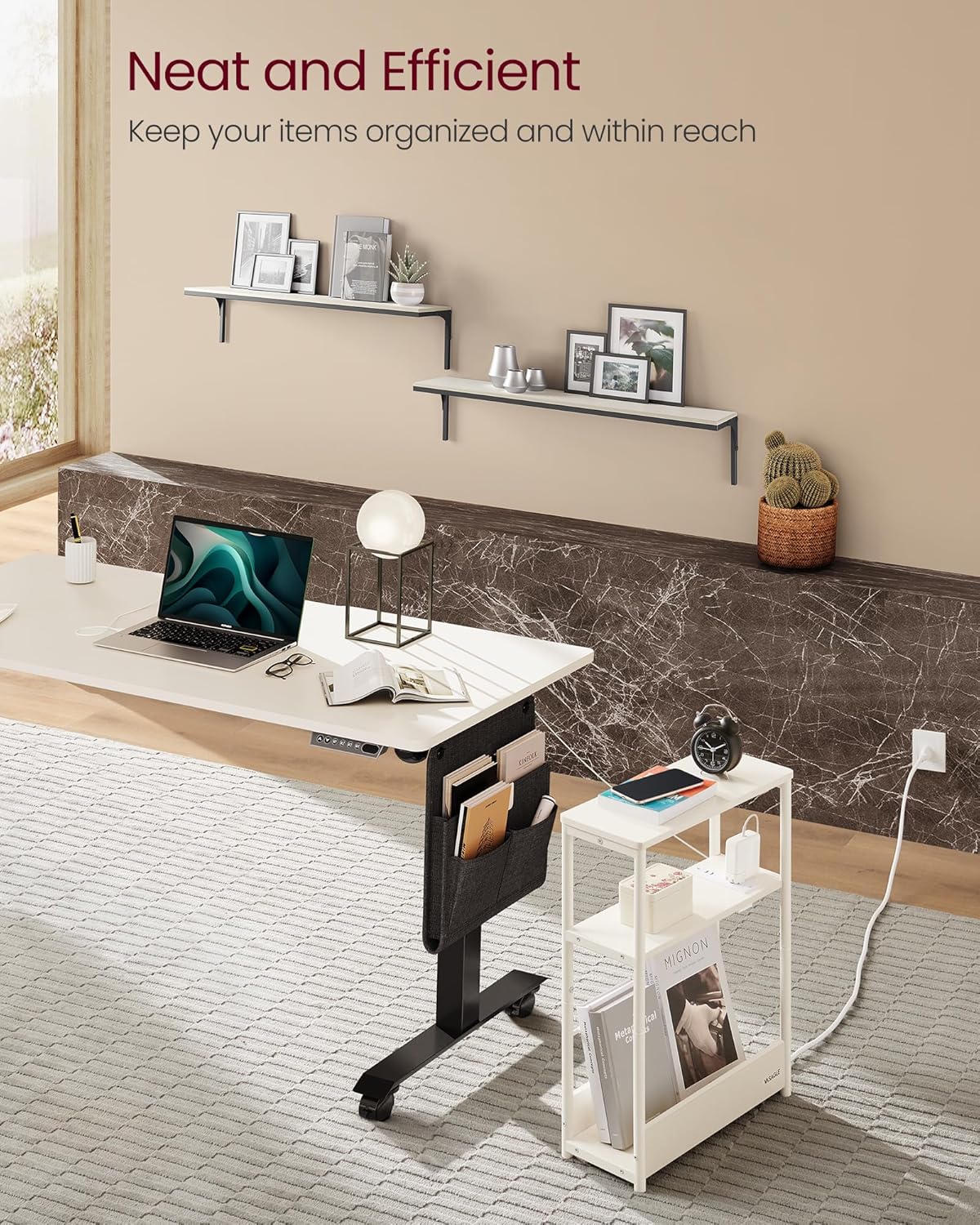 VASAGLE - slanke bijzettafel met oplaadfunctie - stopcontact en USB - 3 planken - tijdschriftenhouder - creme / wit - LET335WD05 - Afbeelding 5