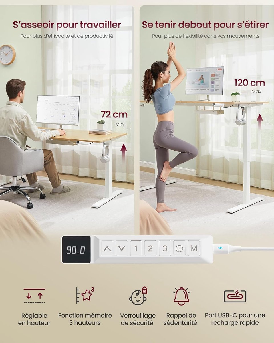 Zit sta bureau 140x80 cm - hoogte verstelbaar 72 t/m 120 cm - elektrisch - wit / bruin - LSD144Y02 - Afbeelding 5