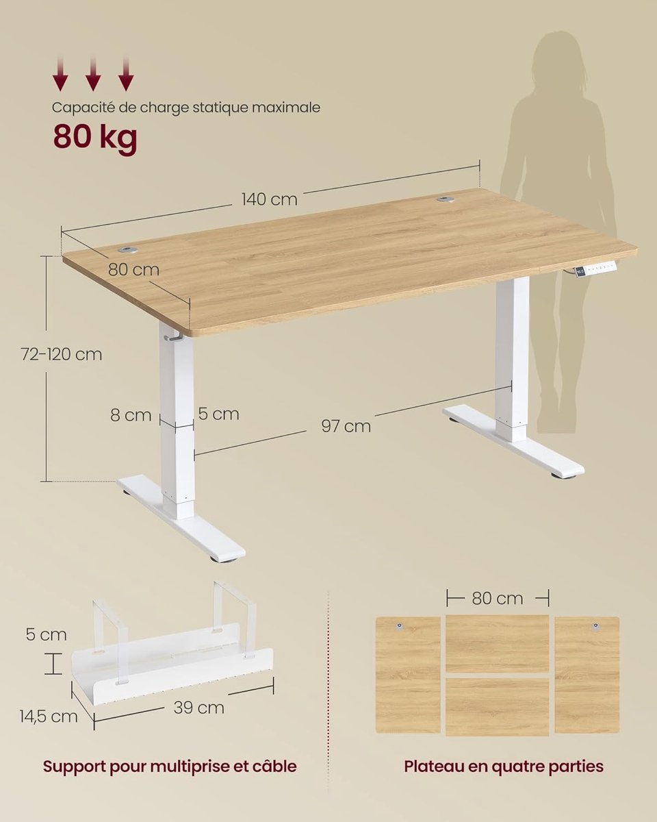 Zit sta bureau 140x80 cm - hoogte verstelbaar 72 t/m 120 cm - elektrisch - wit / bruin - LSD144Y02 - Afbeelding 6