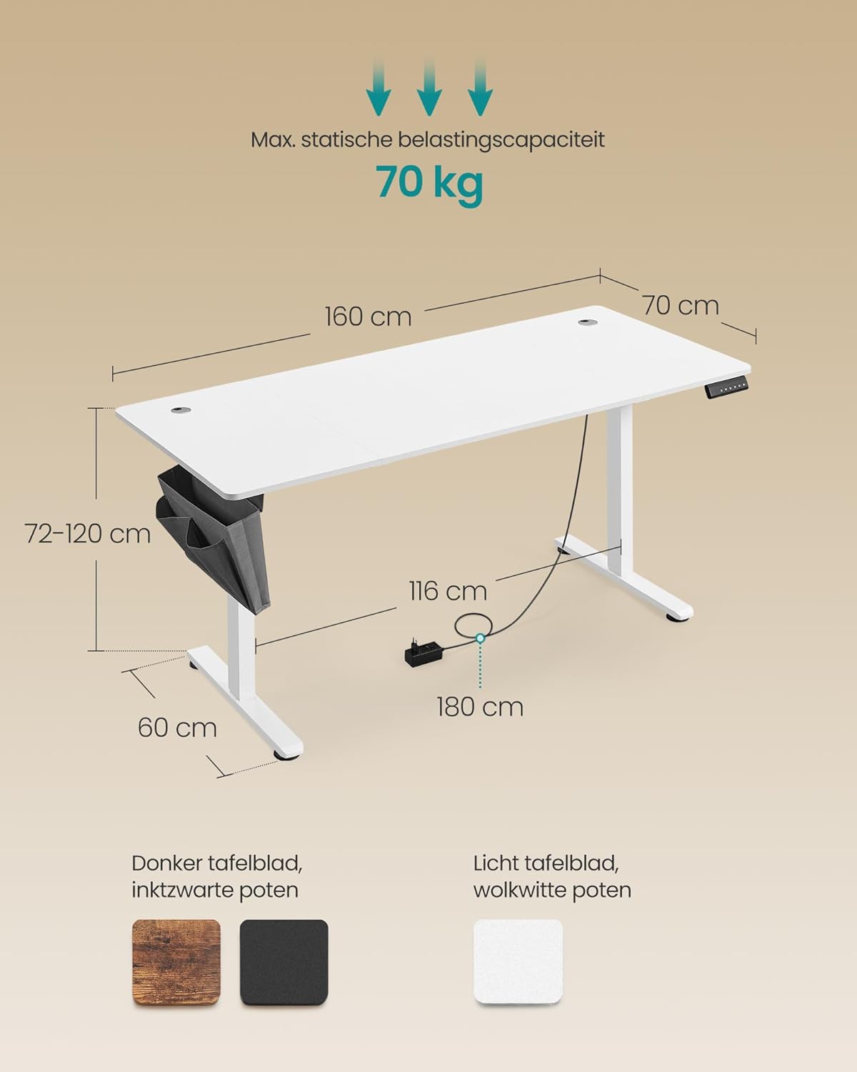 Zit sta bureau 160x70 cm - hoogte verstelbaar 72 t/m 120 cm - elektrisch - wit - LSD136WZ04 - Afbeelding 3