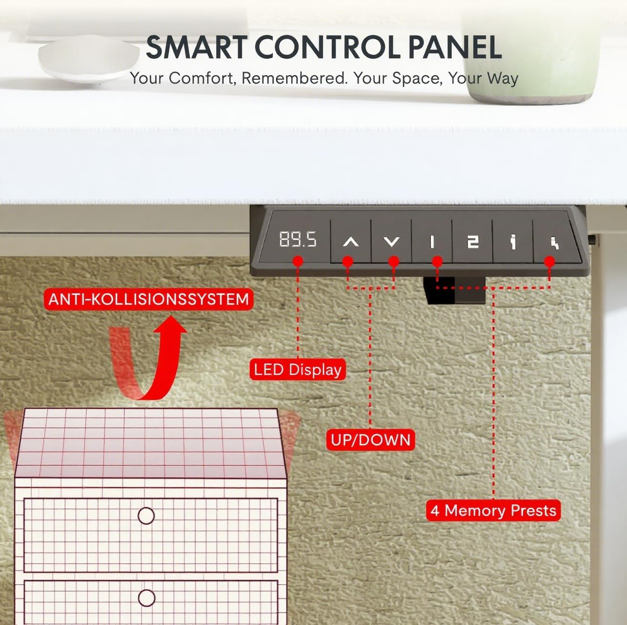 Elektrisch onderstel zit sta bureau - hoogte verstelbaar 73.5 t/m 118 cm - - max 180x80 blaf - memory functie - wit - metaal - Afbeelding 3