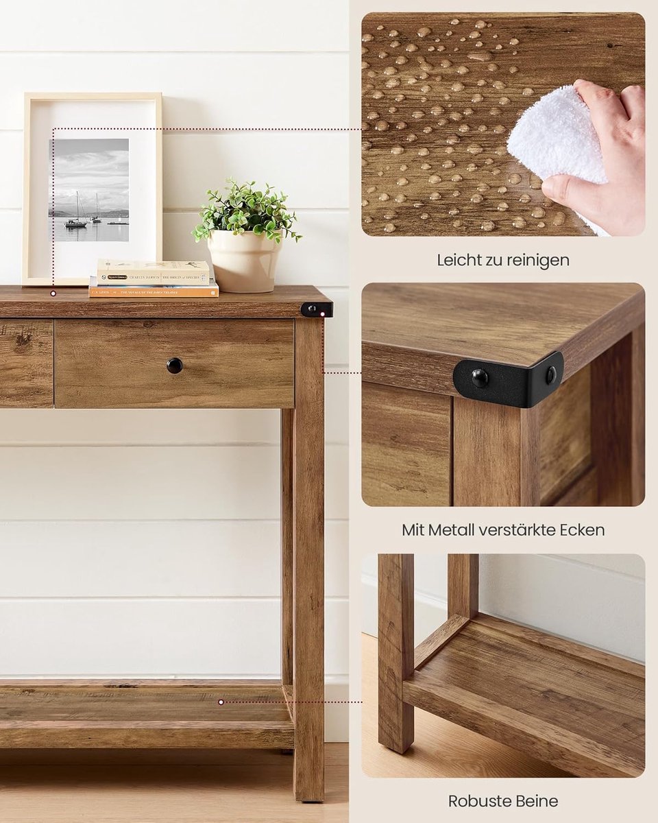 Consoletafel - dressoir - haltafel - ssmlle banktafel - bruin - 3 laden en één plank - landelijke stijl - LNT142KB01 - Afbeelding 5