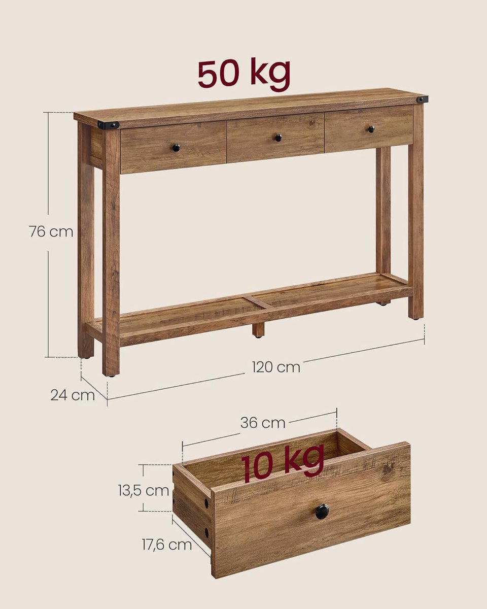 Consoletafel - dressoir - haltafel - ssmlle banktafel - bruin - 3 laden en één plank - landelijke stijl - LNT142KB01 - Afbeelding 4
