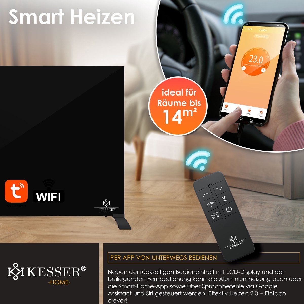 Elektrische Kachel 520 watt - infrarood verwarmingspaneel - 2-in-1 Staande en Muurmontage - Verwarming met Thermostat - met afstandsbediening en APP-bediening - zwart - Afbeelding 2