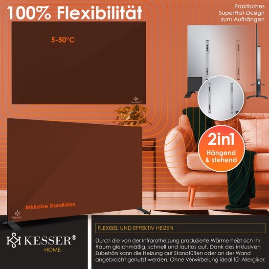 Elektrische Kachel 520 watt - infrarood verwarmingspaneel - 2-in-1 Staande en Muurmontage - Verwarming met Thermostat - met afstandsbediening en APP-bediening - zwart - Afbeelding 3