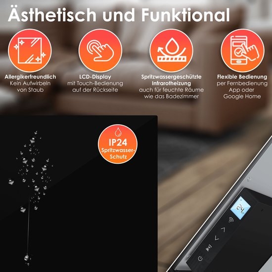 Elektrische Kachel 520 watt - infrarood verwarmingspaneel - 2-in-1 Staande en Muurmontage - Verwarming met Thermostat - met afstandsbediening en APP-bediening - zwart - Afbeelding 4