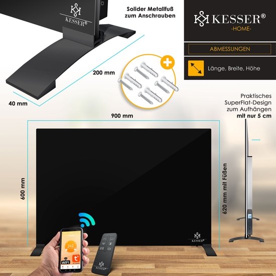 Elektrische Kachel 520 watt - infrarood verwarmingspaneel - 2-in-1 Staande en Muurmontage - Verwarming met Thermostat - met afstandsbediening en APP-bediening - zwart - Afbeelding 5