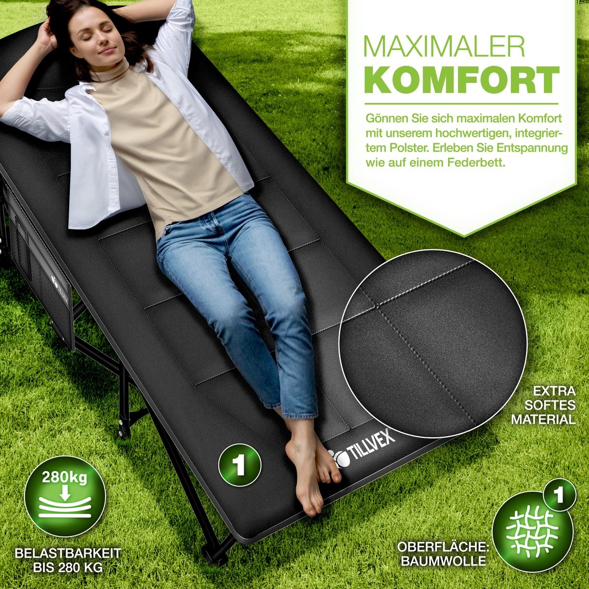Campingbed / veldbed XXL - inklapbaar - lengte 210 cm - met draagtas - max 280 kg - karperligstoel voor buiten en binnen - zwart - Afbeelding 4