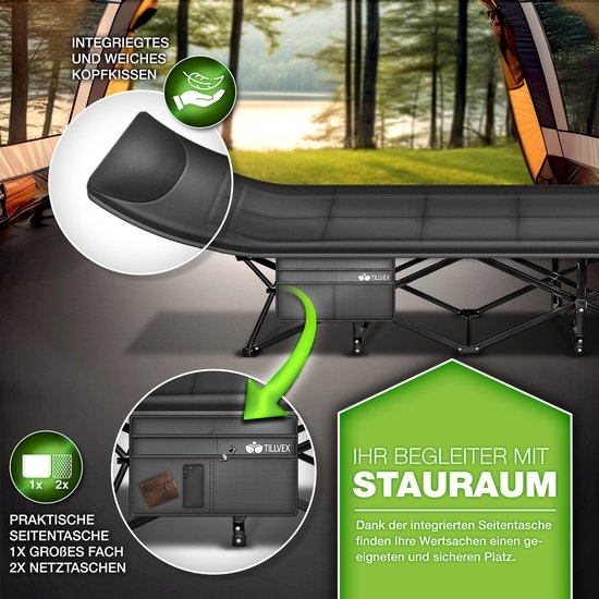 Campingbed / veldbed XXL - inklapbaar - lengte 210 cm - met draagtas - max 280 kg - karperligstoel voor buiten en binnen - zwart - Afbeelding 5