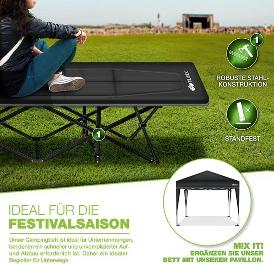 Campingbed / veldbed XXL - inklapbaar - lengte 210 cm - met draagtas - max 280 kg - karperligstoel voor buiten en binnen - zwart - Afbeelding 7