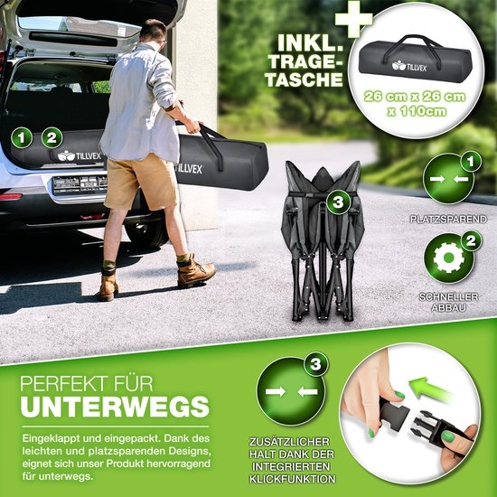 Campingbed / veldbed XXL - inklapbaar - lengte 210 cm - met draagtas - max 280 kg - karperligstoel voor buiten en binnen - zwart - Afbeelding 8
