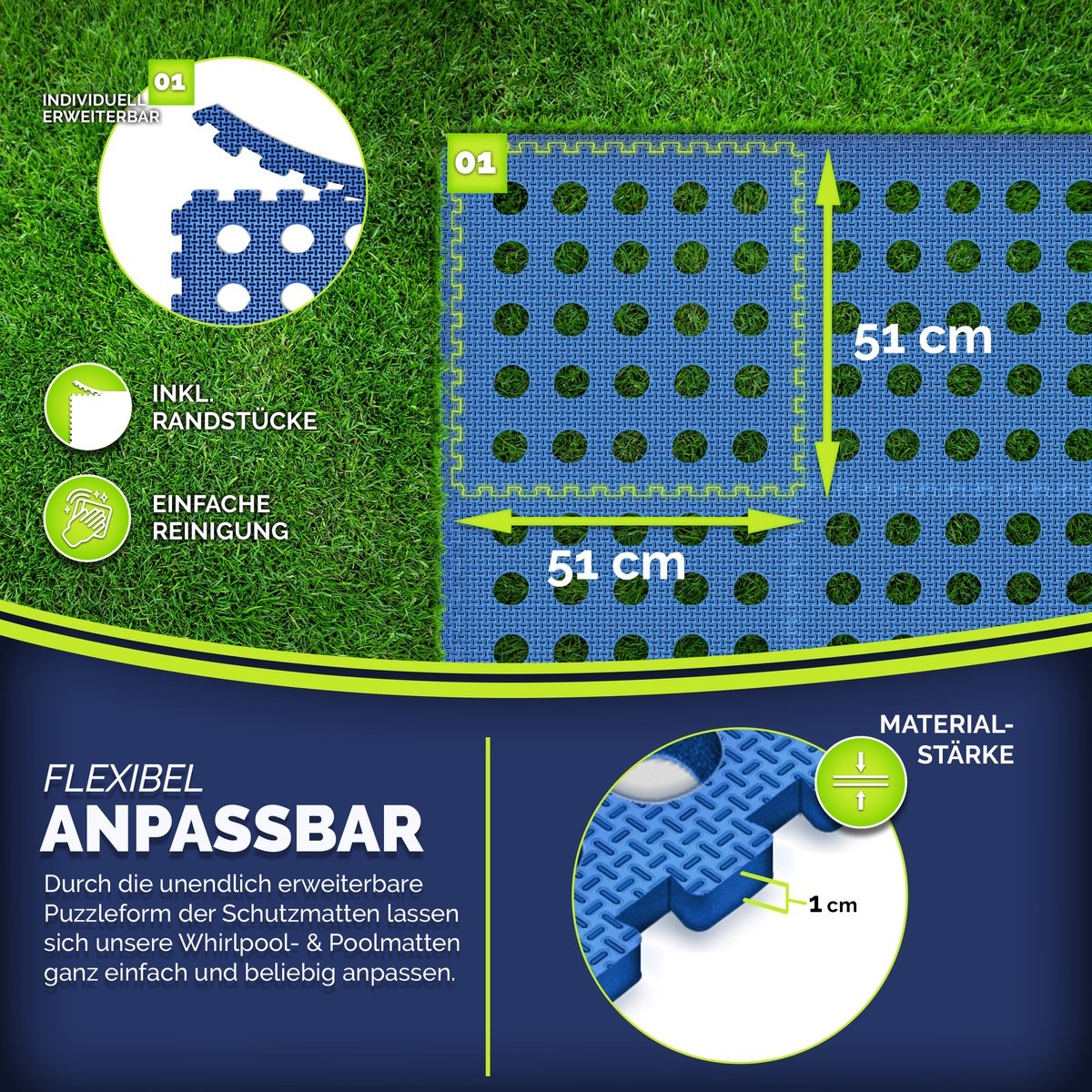Zwembad - Bodembeschermingsmat - 24 stuks van 51x51cm - Onderlegger jacuzzi /.kinderbadje - zwembadbodem warmteisolerend - blauw - Afbeelding 6