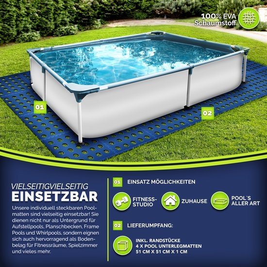Zwembad - Bodembeschermingsmat - 24 stuks van 51x51cm - Onderlegger jacuzzi /.kinderbadje - zwembadbodem warmteisolerend - blauw - Afbeelding 9