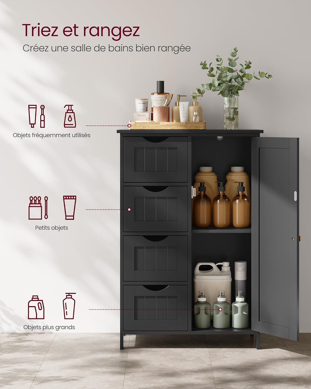 Badkamerkast - 82 cm hoog - bijzetkast - 4 laden en een deur - zwart- LHC041B02 - Afbeelding 3