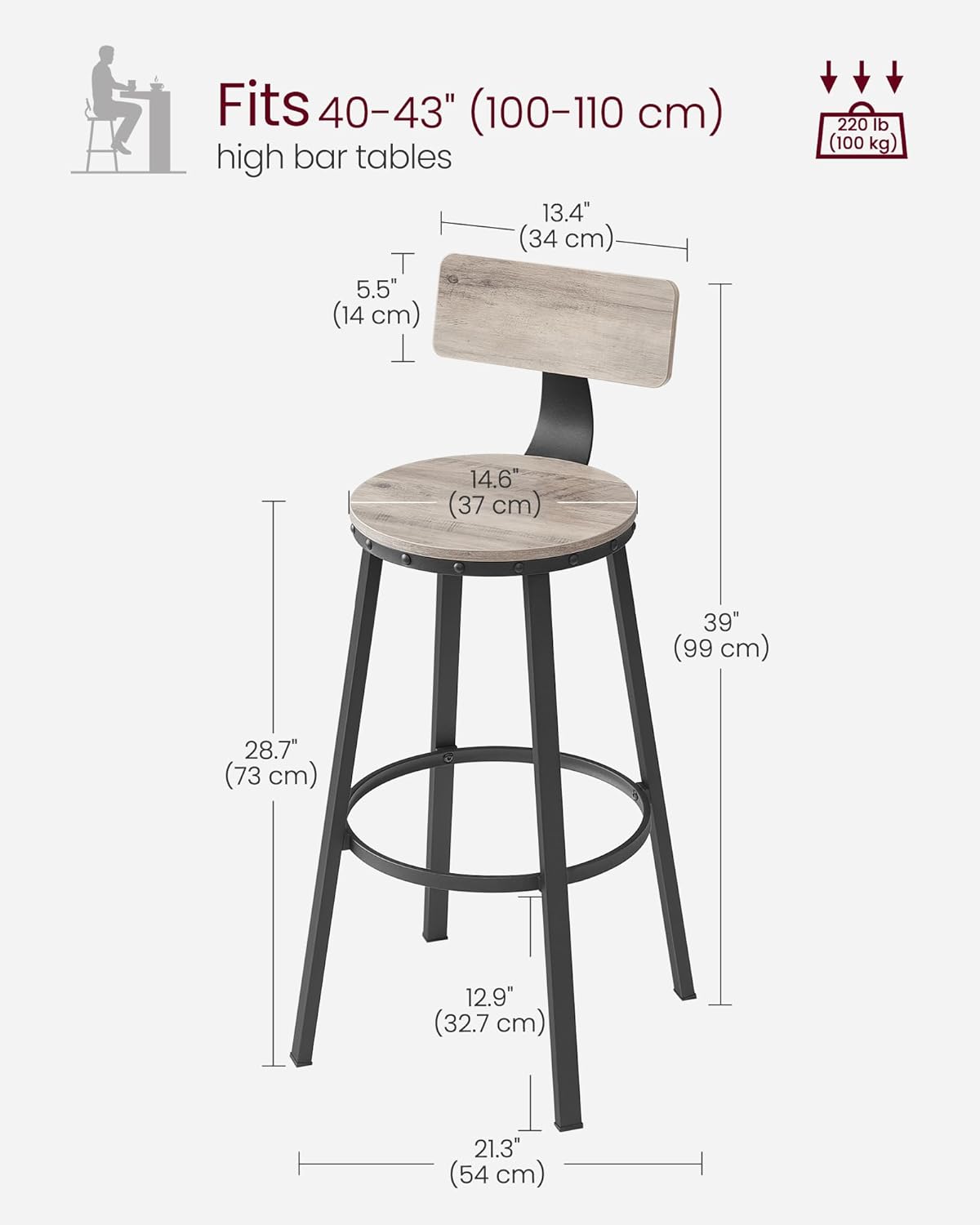 2x barkruk - hoge keukenkrukken - stalen frame - 73 cm zithoogte - grijs met zwart - lbc026B02 - Afbeelding 4