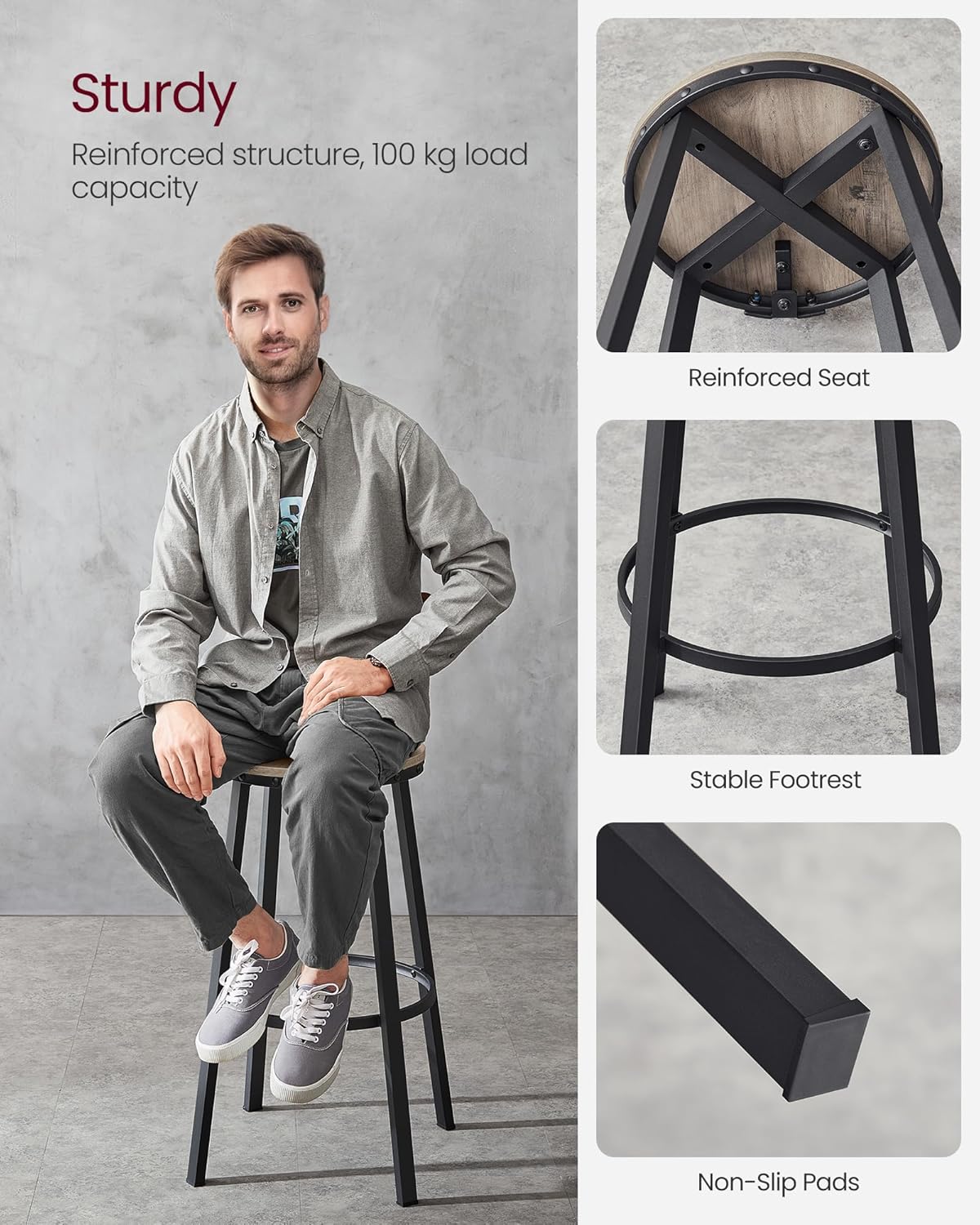 2x barkruk - hoge keukenkrukken - stalen frame - 73 cm zithoogte - grijs met zwart - lbc026B02 - Afbeelding 9