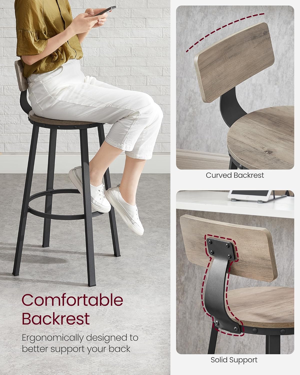 2x barkruk - hoge keukenkrukken - stalen frame - 73 cm zithoogte - grijs met zwart - lbc026B02 - Afbeelding 10