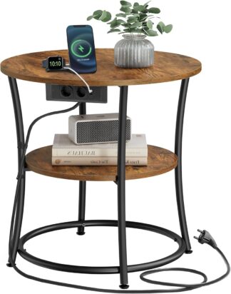 Bijzettafel met oplaadfunctie - diameter 55 cm - stopcontact en USB - 2 planken - bruin met zwart - let077kd01