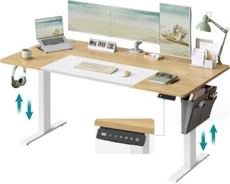 SONGMICS - Elektrisch bureau - 60 x 140 cm - hoogteverstelbaar 72-120 cm - zit sta bureau - geheugenfunctie - eikenbruin - LSD016YD01