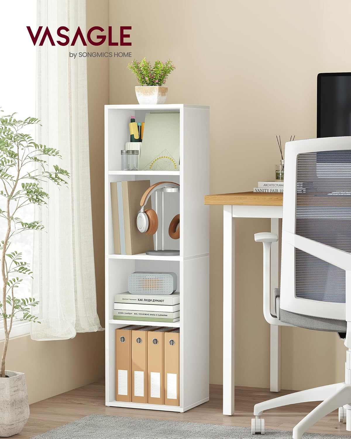 Opbergkast - boekenkast - wit hout - 4 niveau's - hoogte 106 cm - LBC434W