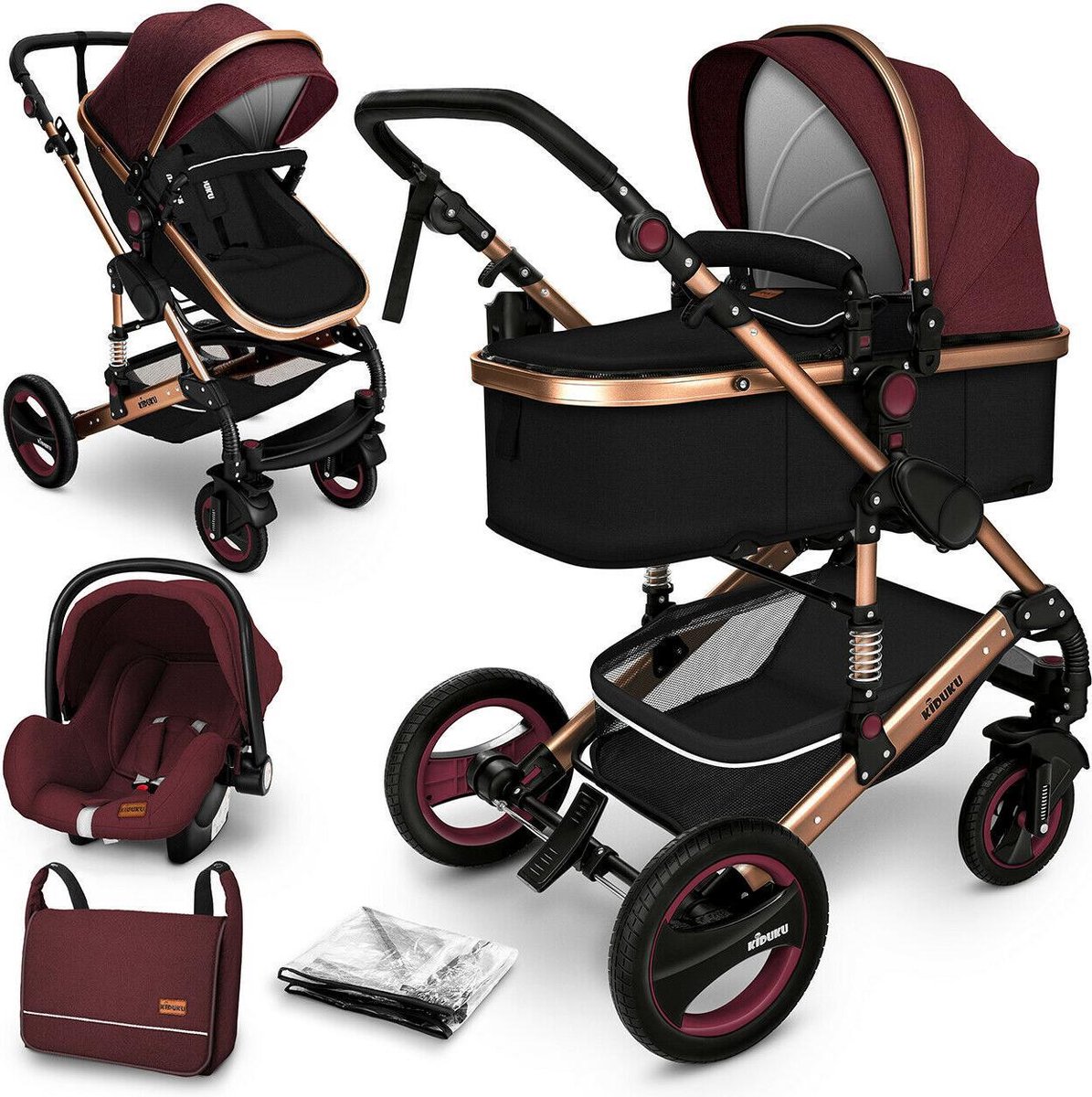 KIDUKU- 3 in 1 combi-kinderwagen- buggy - met autostoeltje - met regenhoes en meer accessoires - opvouwbaar - bordeauxrood / zwart