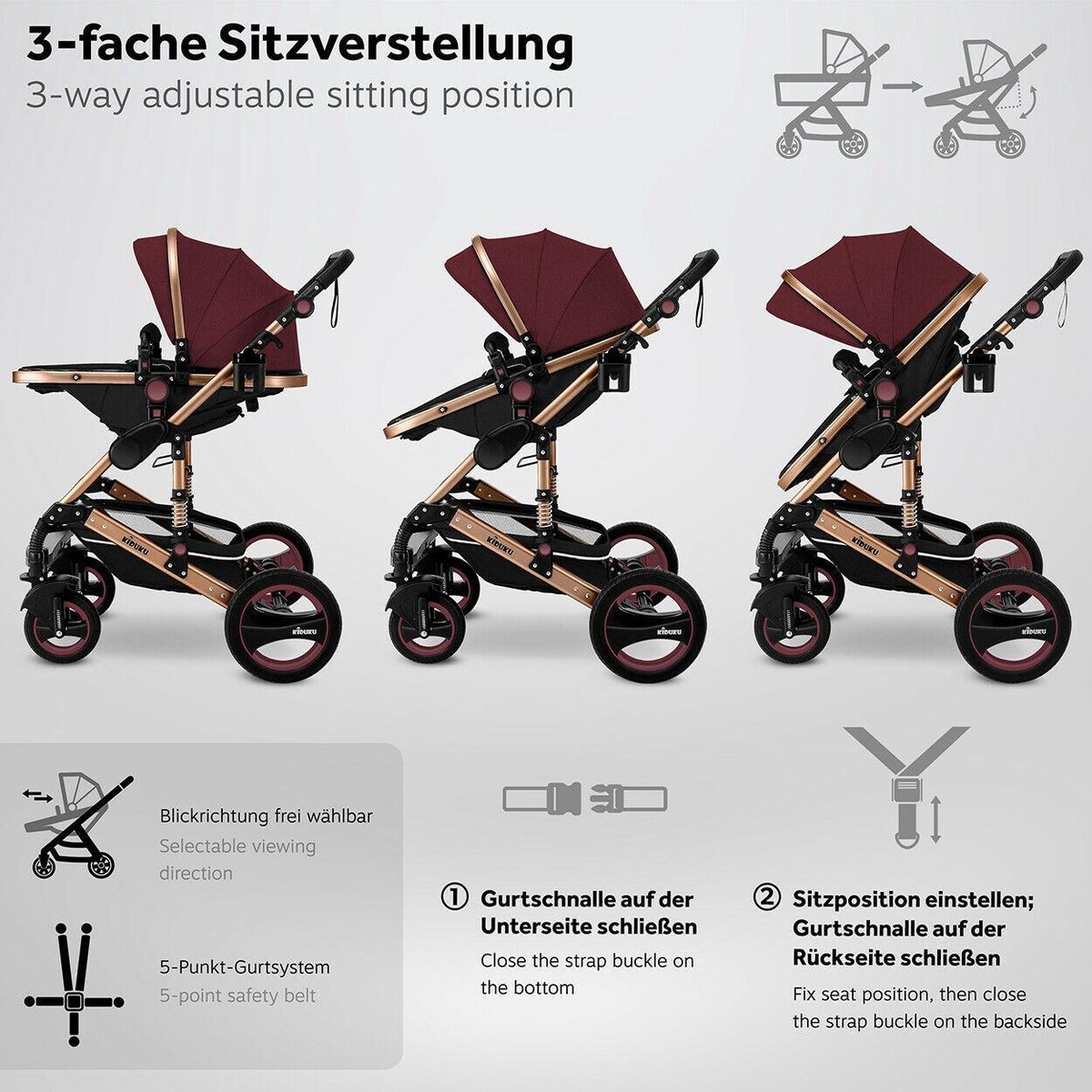 KIDUKU- 3 in 1 combi-kinderwagen- buggy - met autostoeltje - met regenhoes en meer accessoires - opvouwbaar - bordeauxrood / zwart - Afbeelding 2