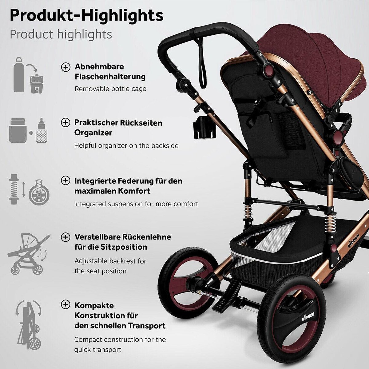 KIDUKU- 3 in 1 combi-kinderwagen- buggy - met autostoeltje - met regenhoes en meer accessoires - opvouwbaar - bordeauxrood / zwart - Afbeelding 3