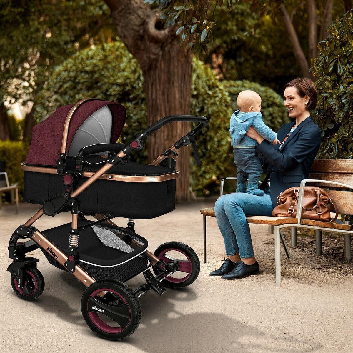 KIDUKU- 3 in 1 combi-kinderwagen- buggy - met autostoeltje - met regenhoes en meer accessoires - opvouwbaar - bordeauxrood / zwart - Afbeelding 4