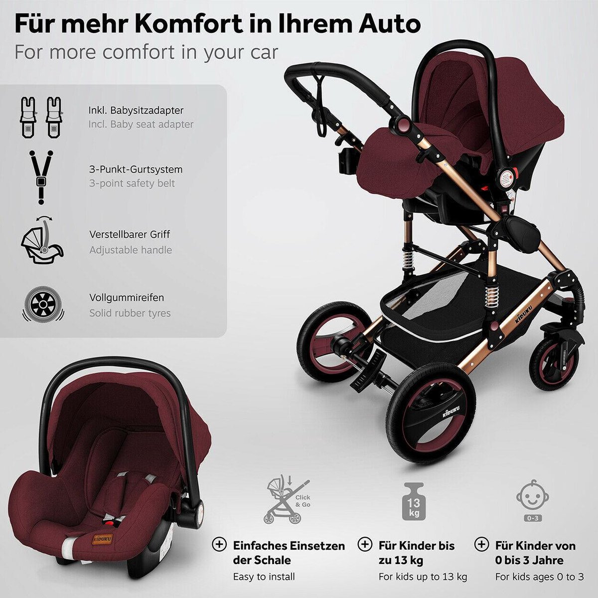 KIDUKU- 3 in 1 combi-kinderwagen- buggy - met autostoeltje - met regenhoes en meer accessoires - opvouwbaar - bordeauxrood / zwart - Afbeelding 5
